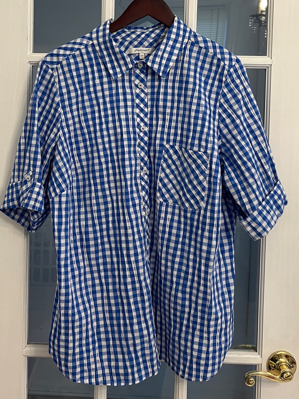 FOXCROFT Women’s Blue White Gingham Relaxed Button Down Roll Tab Shirt 16W